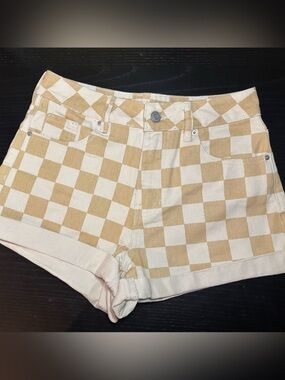 PacSun Tan & Cream Checkered Mom Shorts Denim